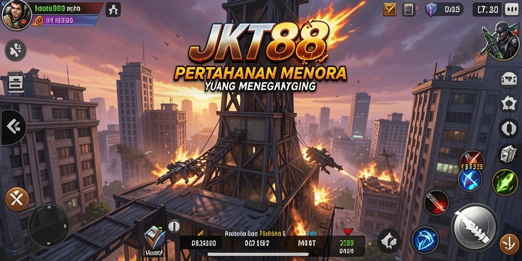 Tangkapan layar gameplay <strong>JKT88</strong> yang menampilkan aksi pertahanan menara yang mendebarkan.