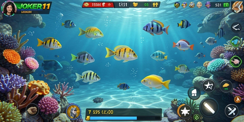 Tampilan gameplay JOKER11 yang penuh aksi dengan efek menembak ikan.