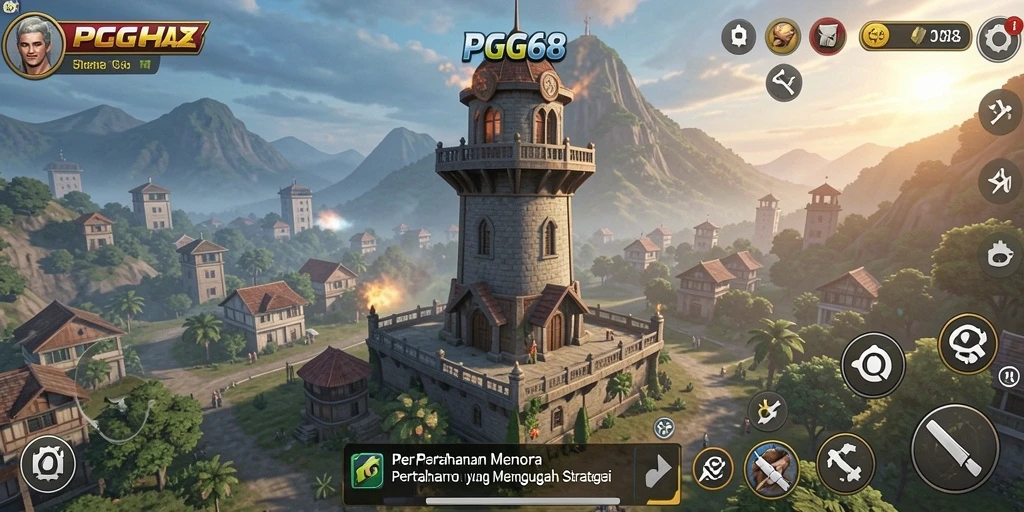 Tangkapan layar gameplay PGG68 menunjukkan menara bertahan melawan gelombang musuh.