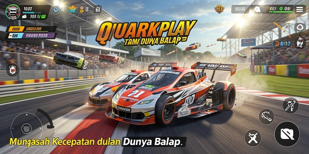 Tangkapan layar gameplay QUARKPLAY menampilkan aksi balapan yang mendebarkan.