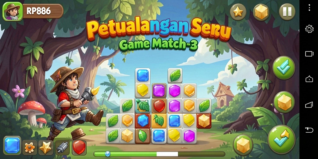 Screenshot utama RP886 menampilkan gameplay Match-3 yang seru.