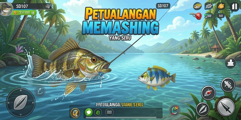Screenshot gameplay SD107 yang menampilkan aksi memancing yang seru.